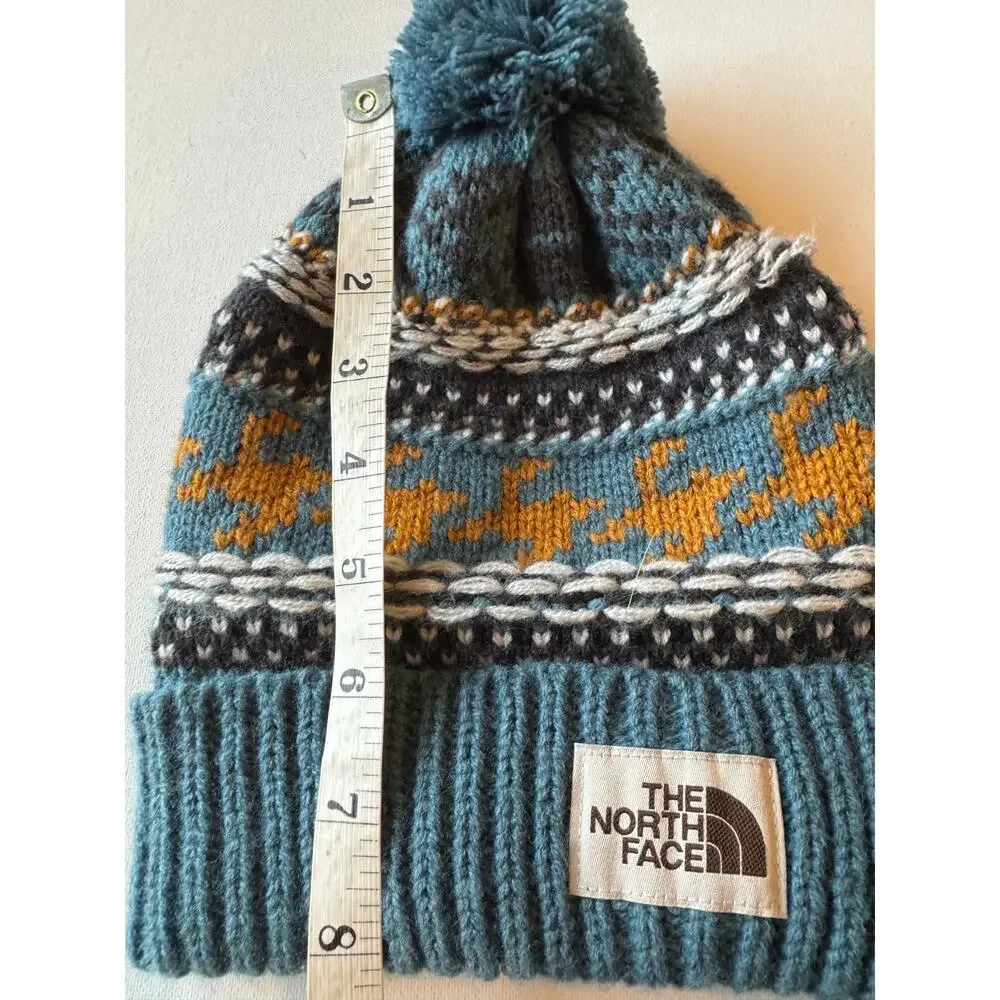 The North Face Fair Isle Pom Pom Beanie Teal Mustard Black Winter Knit Hat